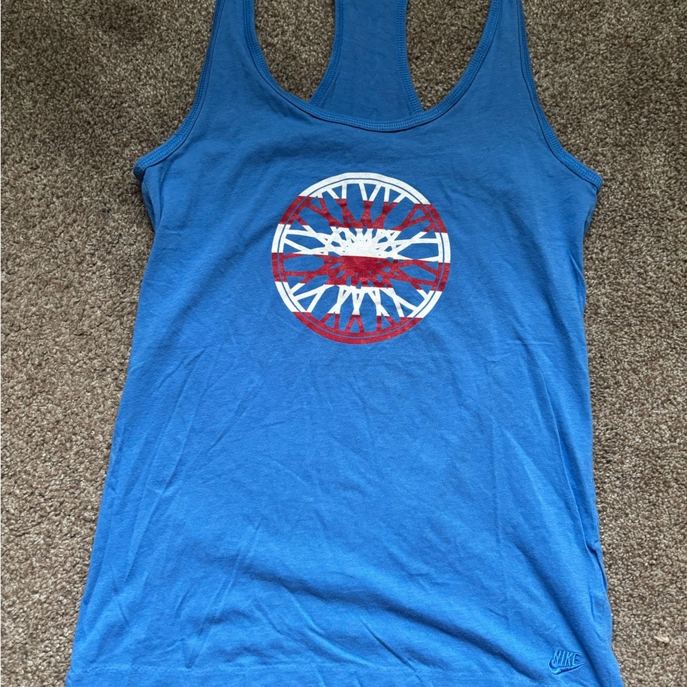 Nike Women's Blue Tank with Red and White Graphic